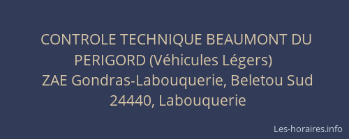CONTROLE TECHNIQUE BEAUMONT DU PERIGORD (V&eacute;hicules L&eacute;gers)